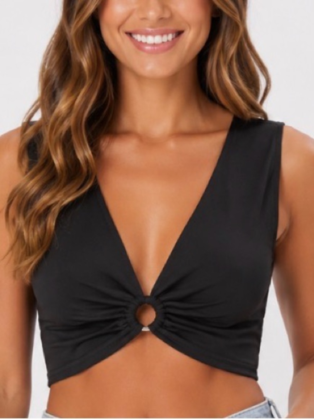 Black Ruched Ring-Front Crop Top - Women SZ LG